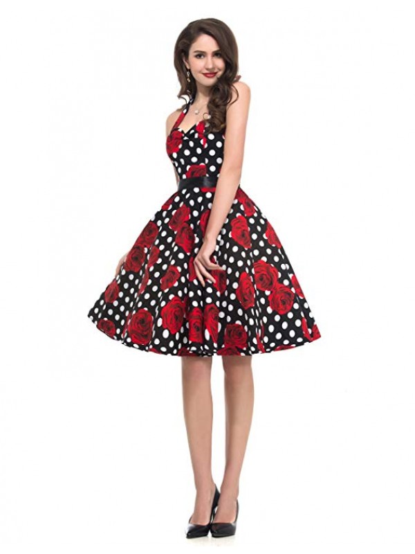 Women Vintage 1950s Halter Cocktail Party Swing Dress with Sash 