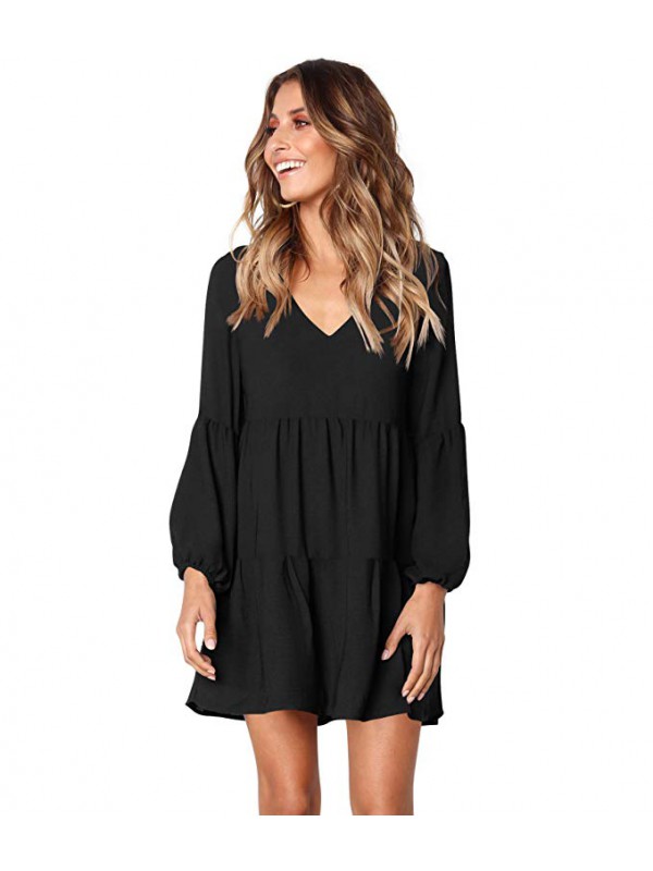 Women Long Sleeve Ruffle Loose Swing Dresses Casual V-Neck Pleated Dress 