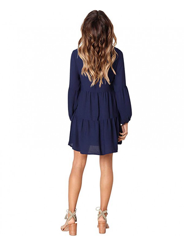 Women Long Sleeve Ruffle Loose Swing Dresses Casual V-Neck Pleated Dress 