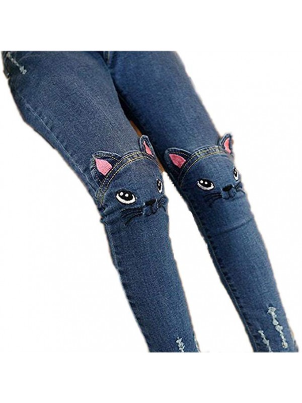 Colorful Childhood Baby Girls Jeans Kids Denim Cartoon Cat Pants