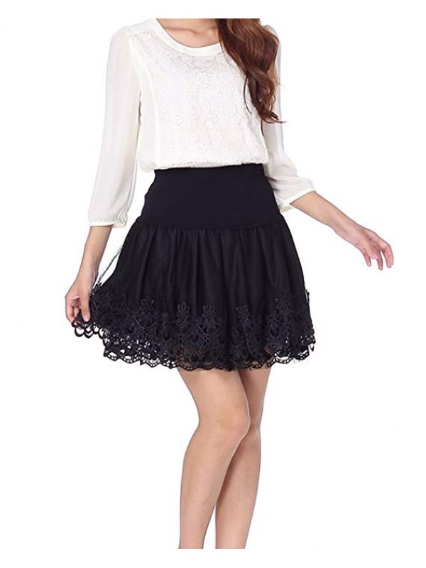 Women's Stretch High Waist Pleated Lace Tulle Tutu Casual Skirt