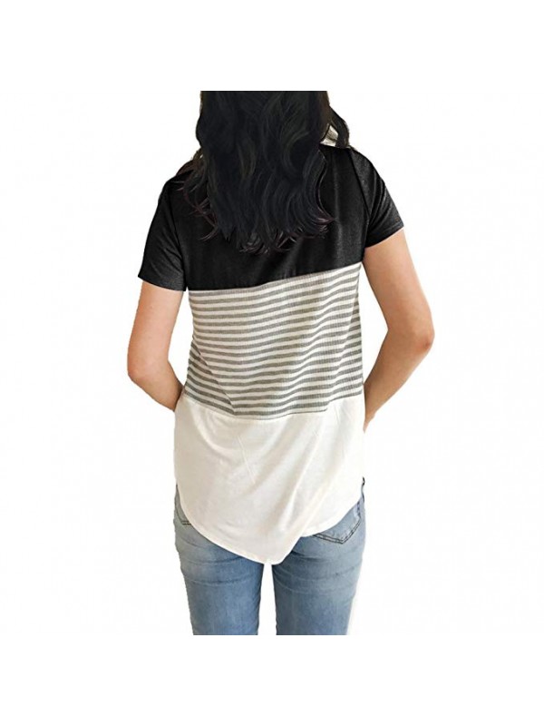 Short Sleeve Round Neck Triple Color Block Stripe T-Shirt Casual Blouse