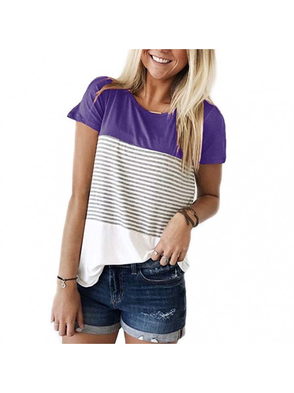 Short Sleeve Round Neck Triple Color Block Stripe T-Shirt Casual Blouse