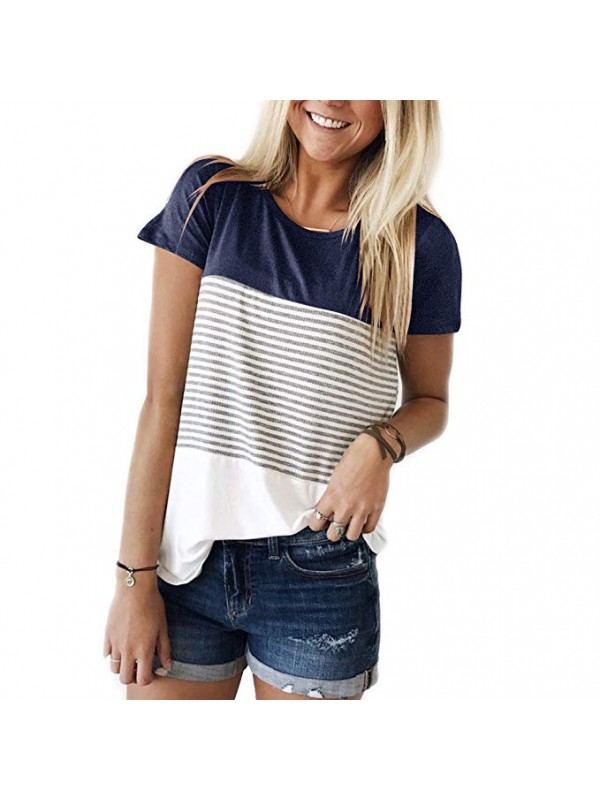 Short Sleeve Round Neck Triple Color Block Stripe ...