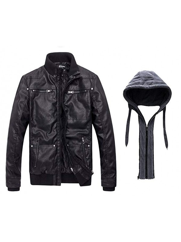 Men's Faux Leather Jacket with Removable Hood