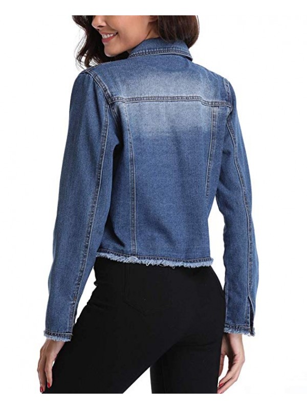 Women’s Washed Frayed Button Up Cropped Jean Jacket w 2 Chest Flap Pockets