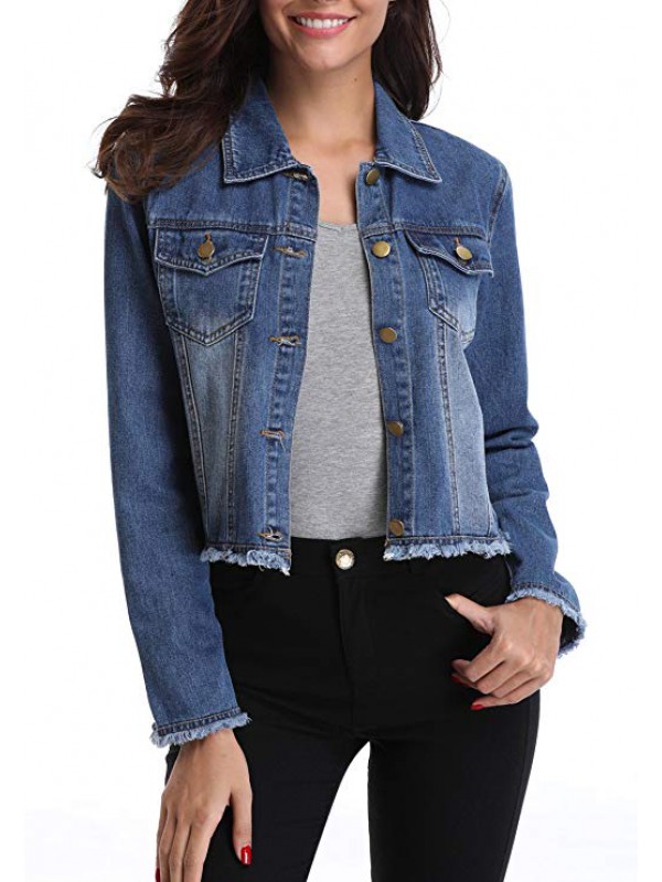 Women’s Washed Frayed Button Up Cropped Jean Jac...