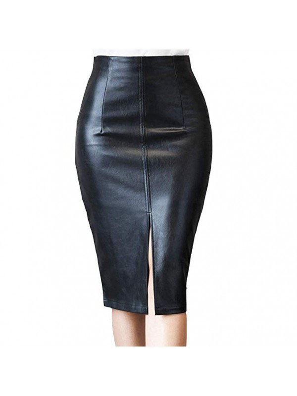 Women's Black Faux Leather Pencil Skirt with Slit ...