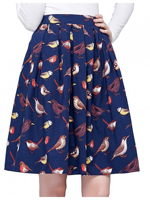 Women Pleated Vintage Skirts Floral Print 