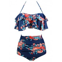 Women's Retro Boho Flounce High Waist Bikini Set C...