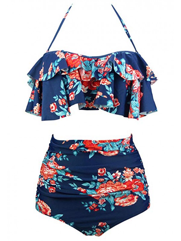 Women's Retro Boho Flounce High Waist Bikini Set C...